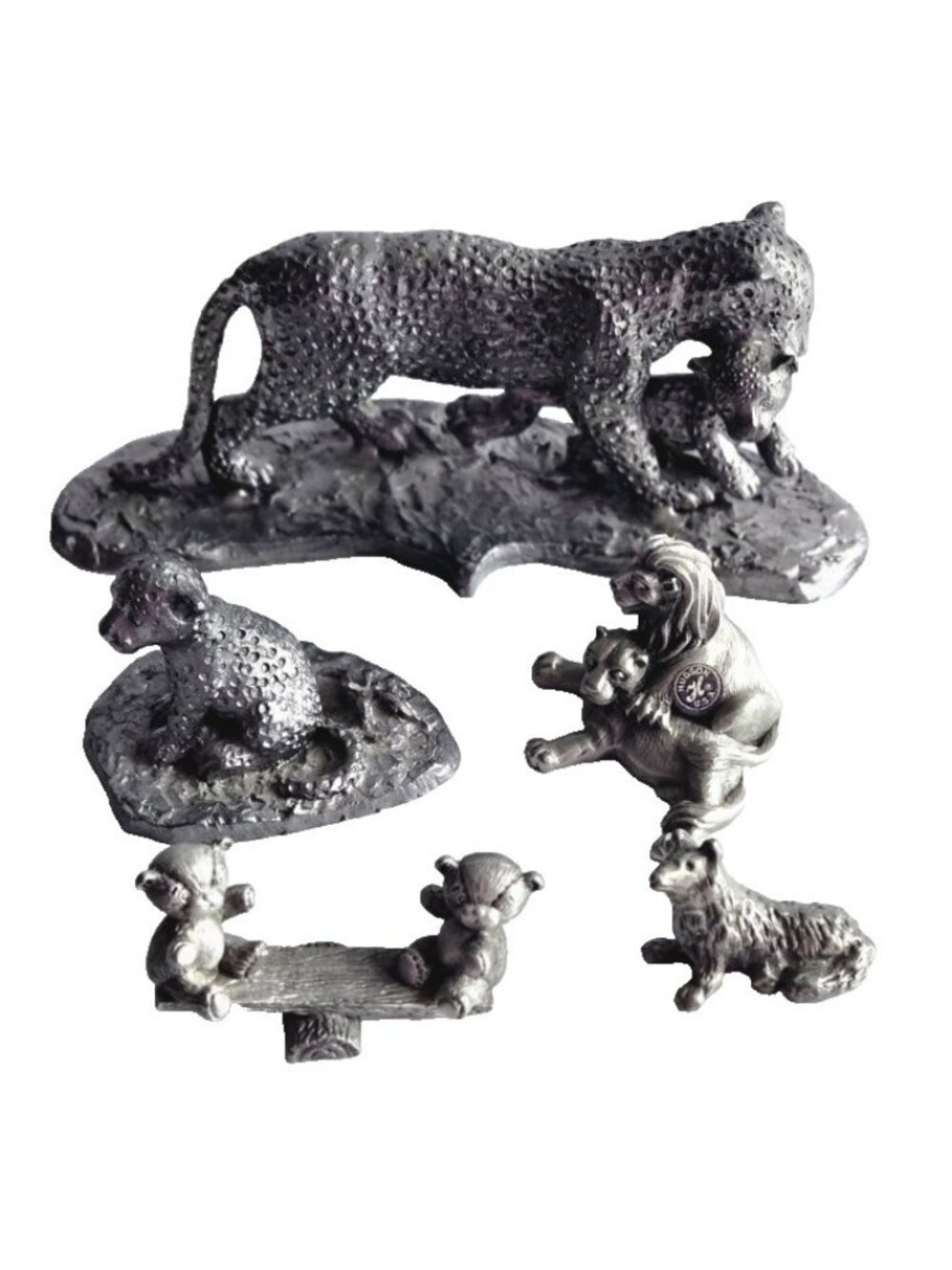 Lot of 5 Mini Pewter Animal Figurines Lion Lioness Monkey Wolf Cheetah Cub